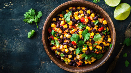 Top view of a spicy black bean salad with black beans, corn, and a zesty chili lime dressing, garnished with fresh cilantro.の素材