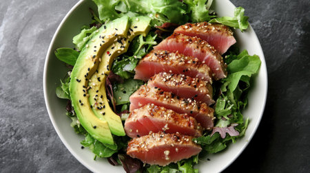 Top view of a spicy tuna salad with mixed greens, seared tuna slices, and a spicy ginger sesame dressing, garnished with avocado.の素材