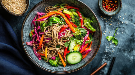 Top view of a spicy soba noodle salad with soba noodles, mixed vegetables, and a zesty chili sesame dressing, garnished with sesame seeds.の素材