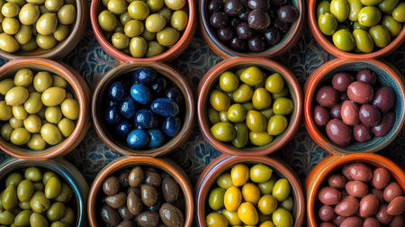 Top view of a selection of olives in various colors and sizes, displayed in small ceramic bowlsの素材