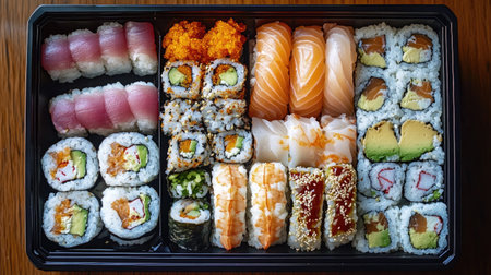 Top view of a sushi bento box filled with various types of rolls, nigiri, and sashimi, perfect for a gourmet lunch.の素材