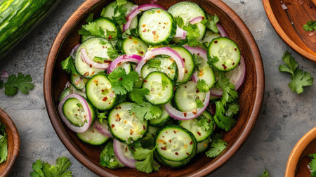Top view of a spicy cucumber salad with sliced cucumbers, red onions, and a tangy chili garlic dressing, garnished with cilantro.の素材
