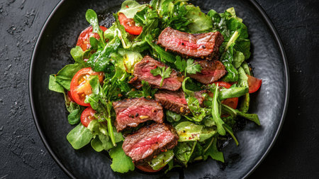 Top view of a spicy beef salad with grilled beef slices, mixed greens, and a spicy vinaigrette, garnished with fresh herbs.の素材
