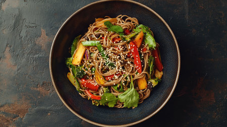 Top view of a spicy soba noodle salad with soba noodles, mixed vegetables, and a zesty chili sesame dressing, garnished with sesame seeds.の素材