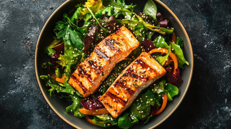 Top view of a spicy salmon salad with mixed greens, grilled salmon, and a spicy miso dressing, garnished with sesame seeds.の素材