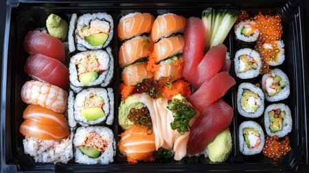 Top view of a sushi bento box with an assortment of rolls, nigiri, and sashimi, perfect for a delicious meal.の素材