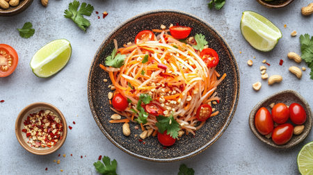 Top view of a spicy Thai papaya salad with shredded green papaya, tomatoes, and peanuts, garnished with chili flakes and lime wedges.の素材