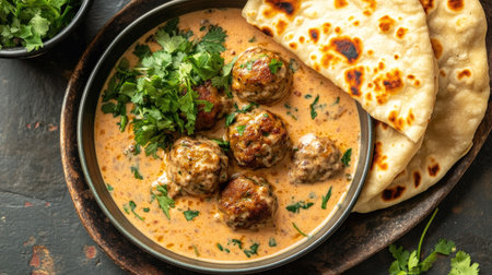Top view of a serving of malai kofta in creamy gravy, paired with butter naan and garnished with fresh herbsの素材