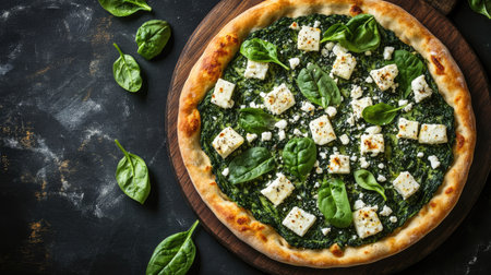 Top view of a spinach and feta pizza with fresh spinach leaves, feta cheese, and garlic, on a thin crust.の素材