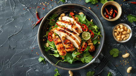 Top view of a spicy papaya salad with peanuts and dried shrimp, paired with tender grilled chicken breast slices.の素材