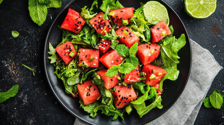 Top view of a spicy watermelon salad with watermelon cubes, mixed greens, and a spicy lime dressing, garnished with fresh mint.の素材