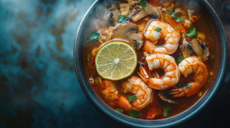 Top view of a steaming bowl of spicy prawn soup, with prawns, mushrooms, and lime slices in a spicy, aromatic broth.の素材