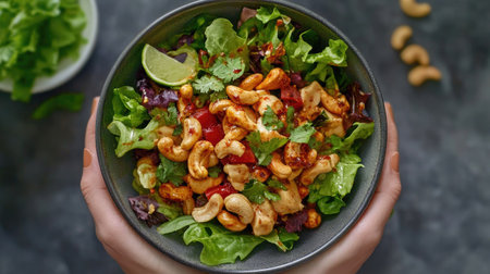Top view of a spicy cashew salad with mixed greens, roasted cashews, and a tangy chili lime dressing, garnished with fresh herbs.の素材