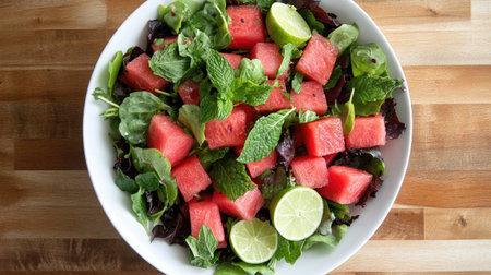 Top view of a spicy watermelon salad with watermelon cubes, mixed greens, and a spicy lime dressing, garnished with fresh mint.の素材
