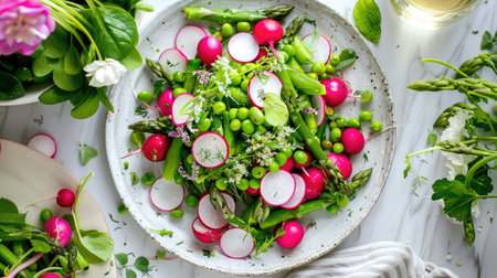 Top view of a spring salad with asparagus, radishes, and snap peas, drizzled with a lemon herb vinaigrette.の素材