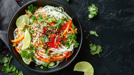 Top view of a spicy noodle salad with rice noodles, mixed vegetables, and a zesty chili lime dressing, garnished with fresh herbs.の素材