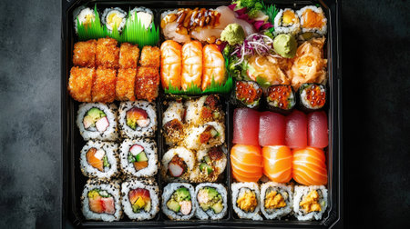 Top view of a sushi bento box filled with various types of rolls, nigiri, and sashimi, perfect for a gourmet lunch.の素材