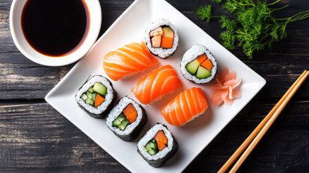 Top view of a sushi plate featuring fresh fish and vegetable rolls, accompanied by soy sauce and chopsticks.の素材