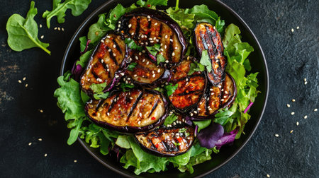 Top view of a spicy eggplant salad with grilled eggplant slices, mixed greens, and a tangy chili lime dressing, garnished with sesame seeds.の素材