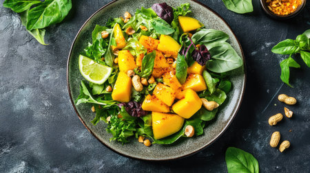 Top view of a spicy mango salad with fresh mango slices, mixed greens, and a tangy chili lime dressing, garnished with peanuts.の素材