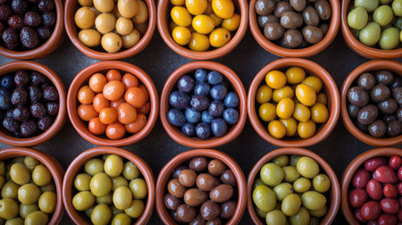 Top view of a selection of olives in various colors and sizes, displayed in small ceramic bowlsの素材