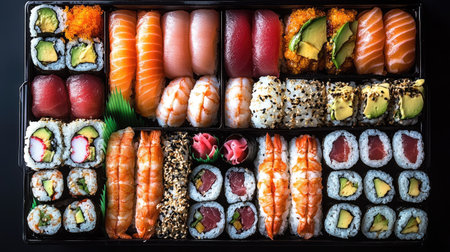 Top view of a sushi bento box filled with various types of rolls, nigiri, and sashimi, perfect for a gourmet lunch.の素材