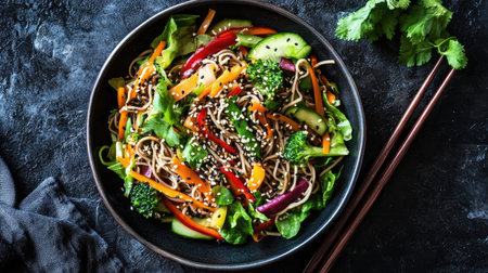 Top view of a spicy soba noodle salad with soba noodles, mixed vegetables, and a zesty chili sesame dressing, garnished with sesame seeds.の素材