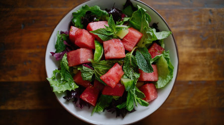 Top view of a spicy watermelon salad with watermelon cubes, mixed greens, and a spicy lime dressing, garnished with fresh mint.の素材
