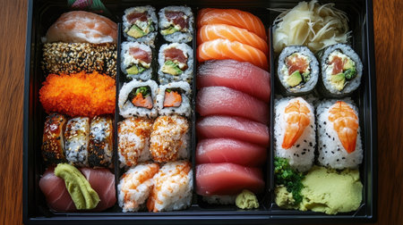 Top view of a sushi bento box filled with various types of rolls, nigiri, and sashimi, perfect for a gourmet lunch.の素材