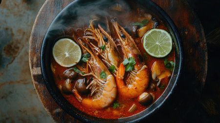 Top view of a steaming bowl of spicy prawn soup, with prawns, mushrooms, and lime slices in a spicy, aromatic broth.の素材