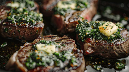 Steak topped with garlic herb butter melting over its surfaceの素材
