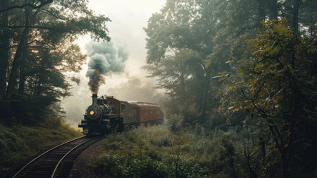Steam train traveling through a foggy forest in the morningの素材