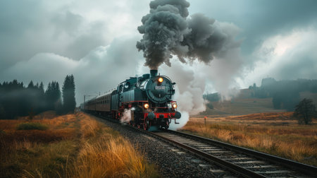 Steam locomotive billowing smoke as it travels through the countrysideの素材