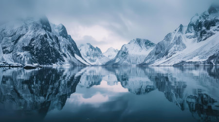 Snowy mountain peaks reflecting in a calm alpine lakeの素材