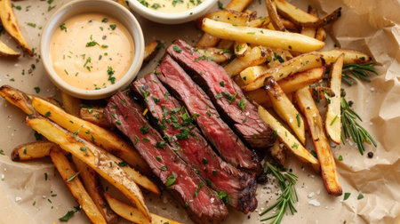 Steak frites with a side of crispy French fries and a dipping sauceの素材
