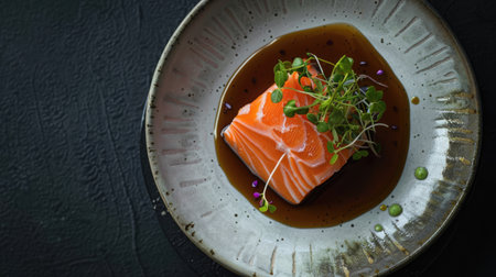 Top view of a minimalist salmon sashimi plate with a side of ponzu sauce and microgreens. Ideal for simple and sophisticated dining visuals.の素材