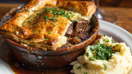 Steak and ale pie with a golden crust, served with a side of mashed potatoesの素材