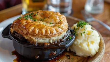 Steak and ale pie with a golden crust, served with a side of mashed potatoesの素材