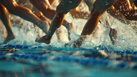 Swimmers diving into the pool at the start of a race, water splashingの素材