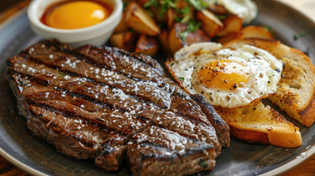 Steak and eggs served with toast and a side of hash browns for breakfastの素材