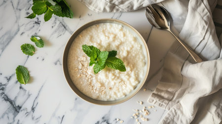 Top view of a minimalist breakfast setup with a bowl of rice cereal and milk, a spoon, and a sprig of mint for garnish, on a marble tableの素材