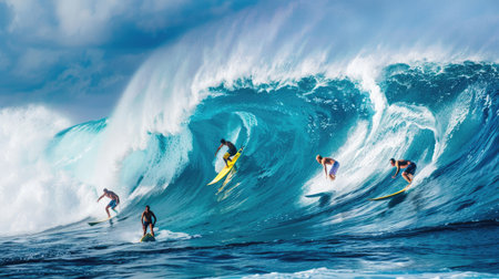 Surfing competitors paddling out to catch the next waveの素材
