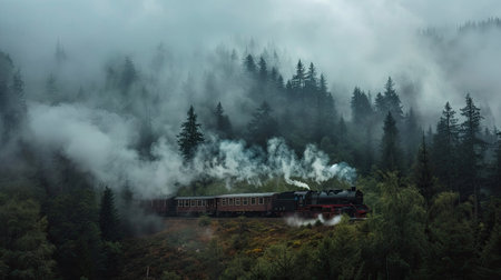 Steam train traveling through a foggy forest in the morningの素材