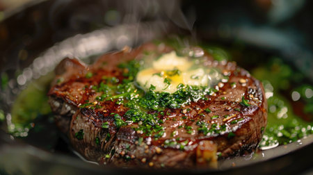 Steak topped with garlic herb butter melting over its surfaceの素材