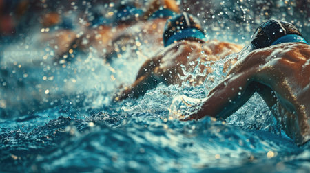 Swimmers diving into the pool at the start of a race, water splashingの素材