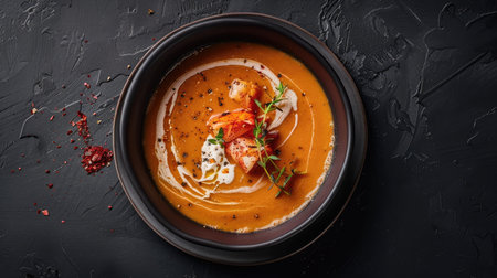 Top view of a rich lobster bisque, with a swirl of cream and a sprig of thyme, on a dark backgroundの素材