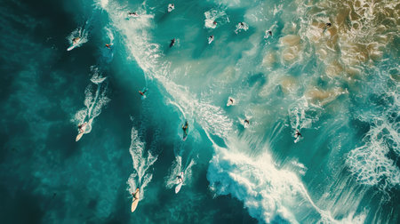 Surfing competitors paddling out to catch the next waveの素材