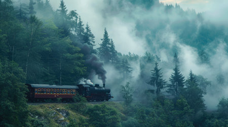 Steam train traveling through a foggy forest in the morningの素材