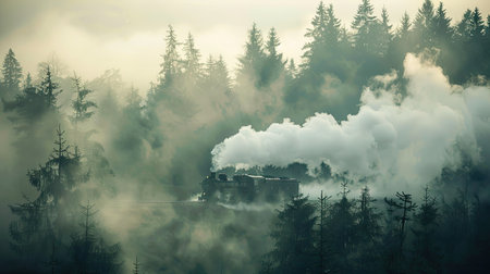 Steam train traveling through a foggy forest in the morningの素材