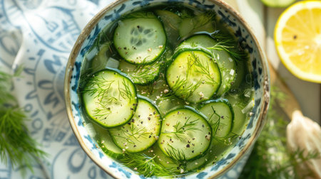 Top view of a light and refreshing bowl of cucumber dill soup, served chilled on a summer tableの素材